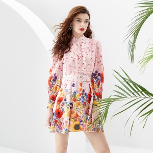 2024 Spring and Summer Wave Edge Wide Skirt Linen Short Mini Printed Dress