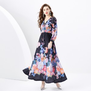 2024 Spring/Summer - Vacation Retro Palace Style V-neck Loose Lantern Short Sleeve Painted Long Dress