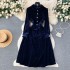 Long sleeved velvet dress for women, autumn new style, French retro Hepburn style, with a single breasted lapel and waist cinching, long skirt with a large swing