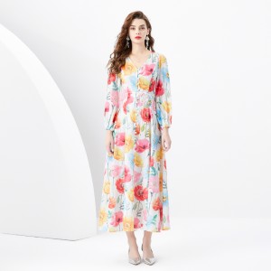 2024 Spring/Summer - Vacation style retro V-neck diagonal cut single breasted printed wide swing long dress