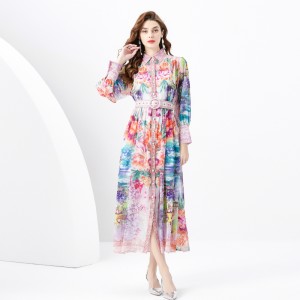 2024 Spring/Summer - Palace style lapel lantern sleeve wave side length retro printed dress