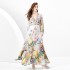 2024 Spring/Summer - Retro Deep V-neck Lantern Sleeve Wave Edge Wide Swing Painted Printed Long Dress