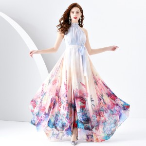 2024 Early Spring - Vacation style hanging neck style black fungus edge wavy edge painted wide swing long printed dress