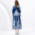 2024 Spring/Summer - Palace style stand up collar lantern sleeves wave side length retro printed dress