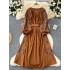 Xinjiang Bohemian Retro Ethnic Style Heavy Industry Embroidery Loose Lantern Sleeve Strap Waist Tourist Dress for Women