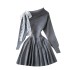 One shoulder lapel bow tie tied long sleeved knitted dress for women in autumn, pure desire to fold waist sweater, pleated short skirt