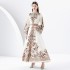 2024 Early Spring - Palace style stand up collar flared sleeve printed long lace dress