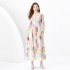 2024 Spring/Summer - Vacation style retro V-neck diagonal cut single breasted printed wide swing long dress