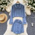 Korean fashion versatile polo collar long sleeved short top+high waisted single breasted irregular skirt two-piece set