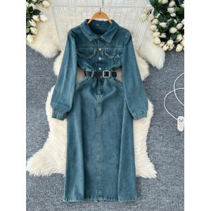 Hong Kong style retro denim dress for women in autumn 2024, new French style waist belt, cinched waist, lapel, long sleeved A-line skirt