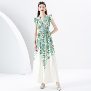 2024 Spring/Summer - Palace style lapel, sleeveless waist, wide skirt, printed long dress