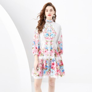 2024 Spring/Summer - Retro painted stand up collar with raglan sleeves and wavy edge printed dress