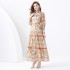 2024 Vacation - Countryside style stand up collar lantern sleeve wave edge extended retro printed dress