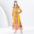 2024 Early Spring - Vacation style stand up collar lantern sleeves wave side length colorful printed dress