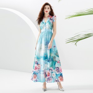 Original Design -2023 Spring/Summer Retro Palace Style V-neck Little Fly Sleeve Long Printed Dress