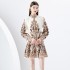 2024 Early Spring - Vacation style stand up collar lantern sleeves wave side length printed dress