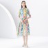 2024 Spring/Summer - Palace Style Flip Collar Short Sleeve Waist Wide Skirt Printed Long Dress