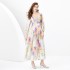 2024 Spring/Summer - Vacation style retro V-neck diagonal cut single breasted printed wide swing long dress