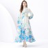 2024 Vacation - Rural style retro stand up collar single breasted printed wide swing long dress