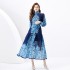 2024 Spring/Summer - Palace style stand up collar lantern sleeves wave side length retro printed dress two-piece set