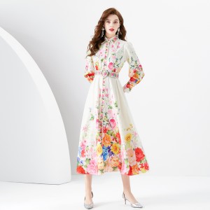 2024 Early Spring - Vacation Style Flip Collar Lantern Sleeve Retro Painted Printed Mini Dress