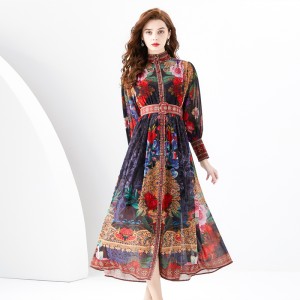 2024 Early Spring - Palace style stand up collar lantern sleeve wave side length retro printed dress