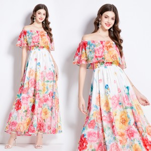 Original shooting | 2024 new ruffled edge one piece collar, waist cinched, big swing beach skirt, split chiffon dress for women