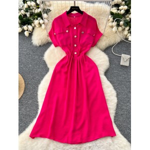 Light mature style, niche fashion, short sleeved dress, women's loose waist, casual metal buckle, slimming shirt, long skirt