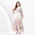 2024 Spring/Summer - Retro Deep V-neck Lantern Sleeve Wave Edge Wide Swing Painted Printed Long Dress