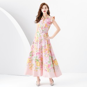 2024 Spring/Summer - Palace style lapel, sleeveless waist, wide skirt, printed long dress