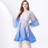 2024 Vacation - Vacation style V-neck flared sleeve pleated wave edge short gradient print mini dress