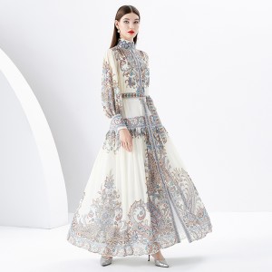 2024 Early Spring - Palace style stand up collar lantern sleeve wave side length retro printed dress