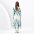 2024 Spring/Summer - Vacation style retro stand up collar single breasted printed wide swing long dress