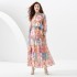 2024 Spring/Summer Vacation Style Standing Collar Lantern Sleeve Wave Edge Printed Dress