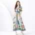 2024 Vacation - Vacation Style Suit Collar Short Sleeve Wide Swing Wave Edge Square Scarf Printed Long Dress