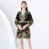 2024 Early Spring - Vacation style V-neck pleated lantern sleeves retro printed mini dress