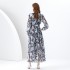 2024 Early Spring - Vacation style V-neck lantern sleeves wave side length retro printed dress two-piece set