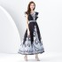 2024 Early Spring - Retro Palace Style V-neck Little Flying Sleeve Waist Wide Swing Printed Long Dress