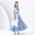 2024 Early Spring - Palace style stand up collar flared sleeve printed long lace dress