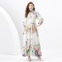 2024 Spring/Summer - Retro Oil Painting Painted Standing Collar Long Lantern Sleeve Wave Edge Printed Dress