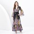 2024 Spring/Summer - Retro Deep V-neck Lantern Sleeve Wave Edge Wide Swing Painted Printed Long Dress