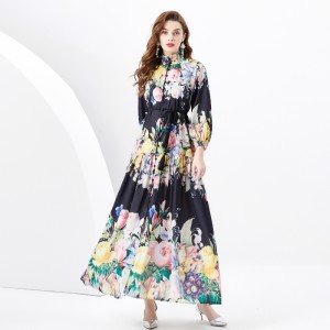 2024 Spring/Summer - Retro Oil Painting Painted Standing Collar Long Lantern Sleeve Wave Edge Printed Dress