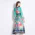 Original in stock | 2024 early spring V-neck ethnic style long sleeved printed waist lace up long dress