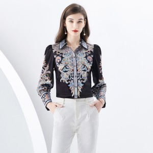 2024 early spring - vacation style lapel lantern sleeve single placket printed retro shirt