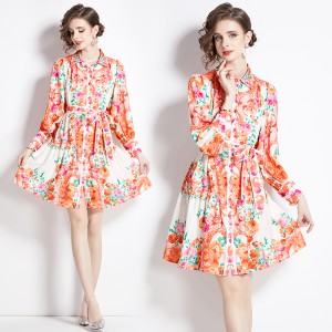 Original Real Shot | 2024 New Printed Retro Collar Fashion Dress Lantern Sleeve High Waist A-line Skirt