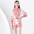 2024- Early Spring Retro Stand Collar Lantern Sleeve Shrink Fold Lantern Sleeve Shirt+Shorts 2-piece Set