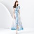 2024 Early Spring - Palace Style V-neck Sleeveless Waist Wide Skirt Printed Long Dress