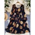 2024 autumn new niche light mature style dress for women, French style waist cinched square collar lantern sleeve printed chiffon long dress