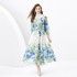 2024 Spring/Summer - Vacation style retro stand up collar single breasted printed wide swing long dress