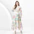 2024 Spring/Summer - Vacation style retro stand up collar single breasted printed wide swing long dress